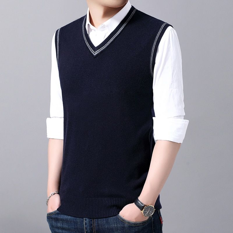 Arrival Autumn Male Wool Sweater Vest Office Man Casual Sleeveless-Navy Blue
