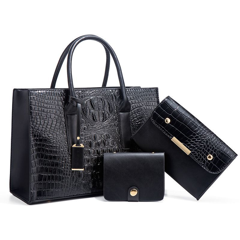 3Set Ladies Trendy Fashion Shoulder Leather Handbag - Black