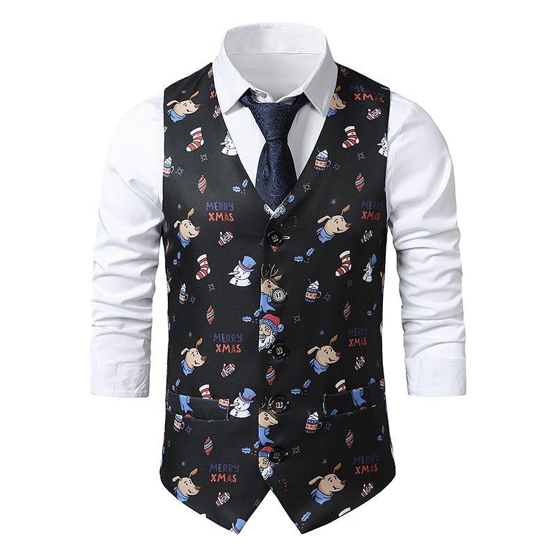 Cute Santa Claus Print Mens Suit Vests Merry Christmas Waistcoat Men Xmas Party Prom Costume Vests Cosplay SD33