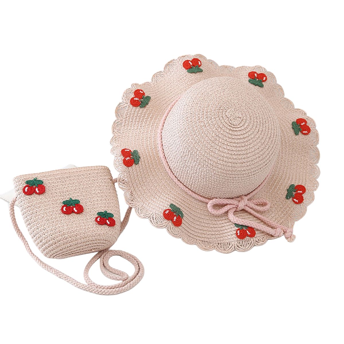 Hat Bag Set Baby Girls Breathable Straw Hat Handbag Pink