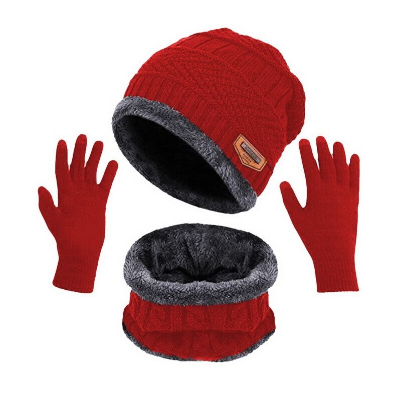 Winter Hats Men's Caps Couple Beanie Scarf Gloves Set Thick Plush Warm Cap-B-4-3pcs