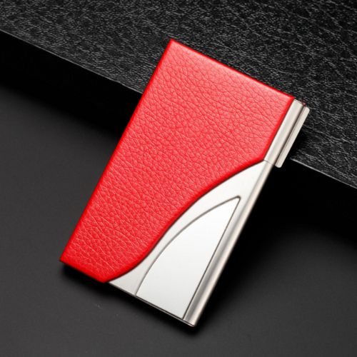 Unisex ID Business Credit Card Holder Leather Aluminum Metal Wallet-Red