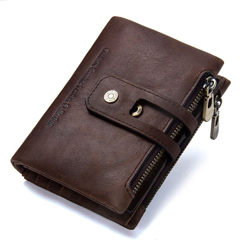 CONTACT'S Genuine Crazy Horse Leather Mens Wallet Man Cowhide Cover Coin Purse Small Brand Male Credit&ID Multifunctional Walets Color Coffee JIE