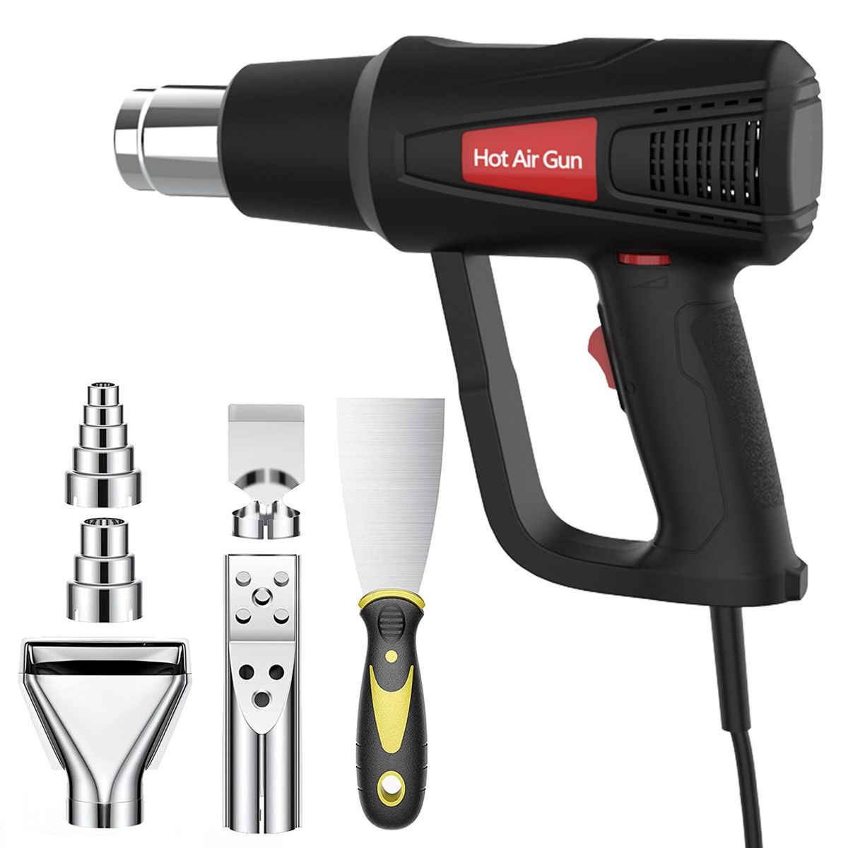 Heat Gun 2000W Variable Temperature Settings  120°F~1200°F (50°C~650°C)Heavy Duty Hot Air Gun Kit  with 2 Air Volume Setting, with 5 Nozzles for Crafts, Shrinking PVC, Stripping Paint