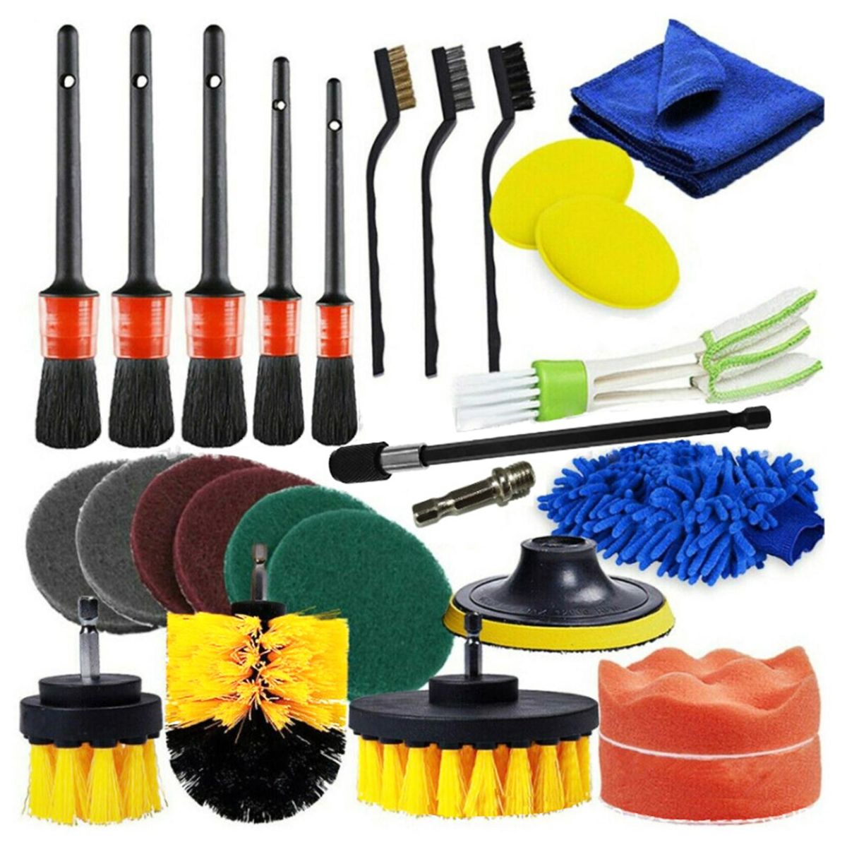 Geevorks 26 PCS Drill Brush Attachments Car Detailing Brush Kit for Auto Exterior and Interior Includes Scrub Pads Sponges Detailing Brushes Washing Mitt Air Vent Brush Cleaning Cloth Household Cleaning Set for Cars Bathroom 