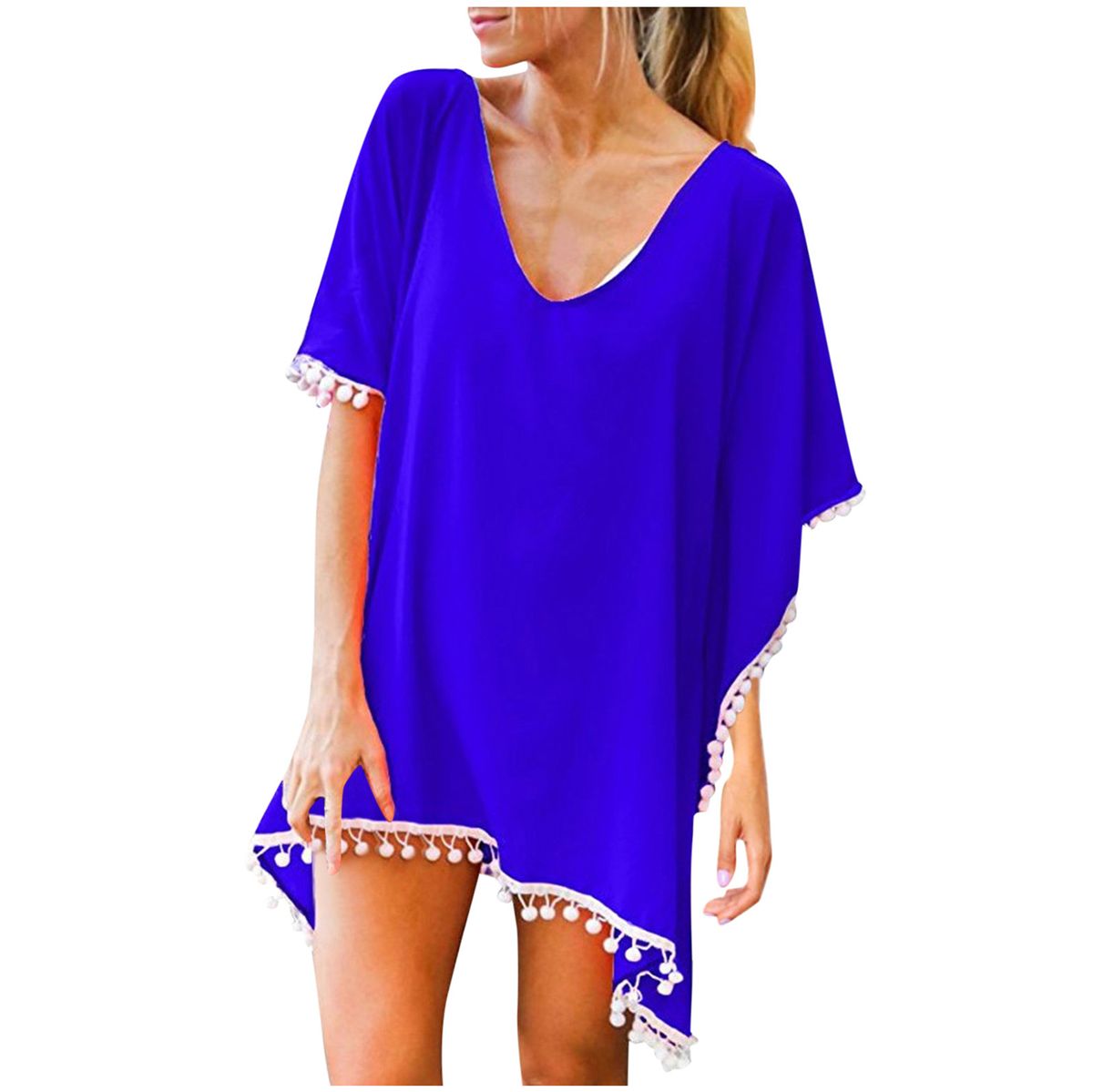 (Dark Blue-2)Women Chiffon Tassels Swimsuit Cover Up Sexy Bikini Beach Cover Ups Chiffon Blouse Summer Solid Boho Beach Dress Robe De Plage SMA
