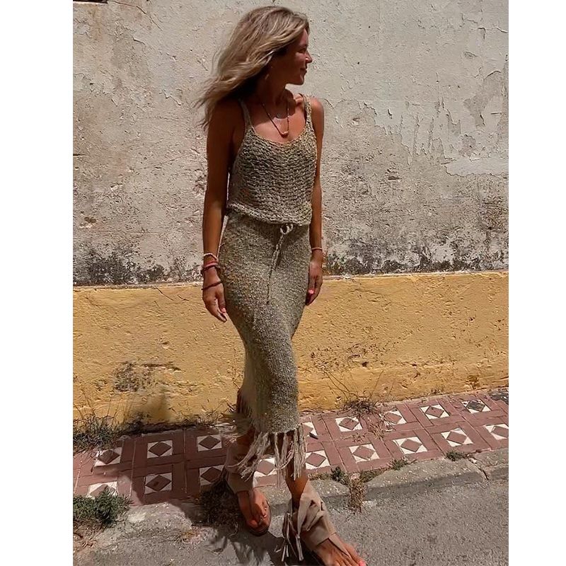 (AYM23004K1)2023 Cover-ups Knitted Sexy See Through Mesh Beach Cover Summer Camisole Blouse Tassel Long Skirt Two-piece Set Hollow Out Dress SMA