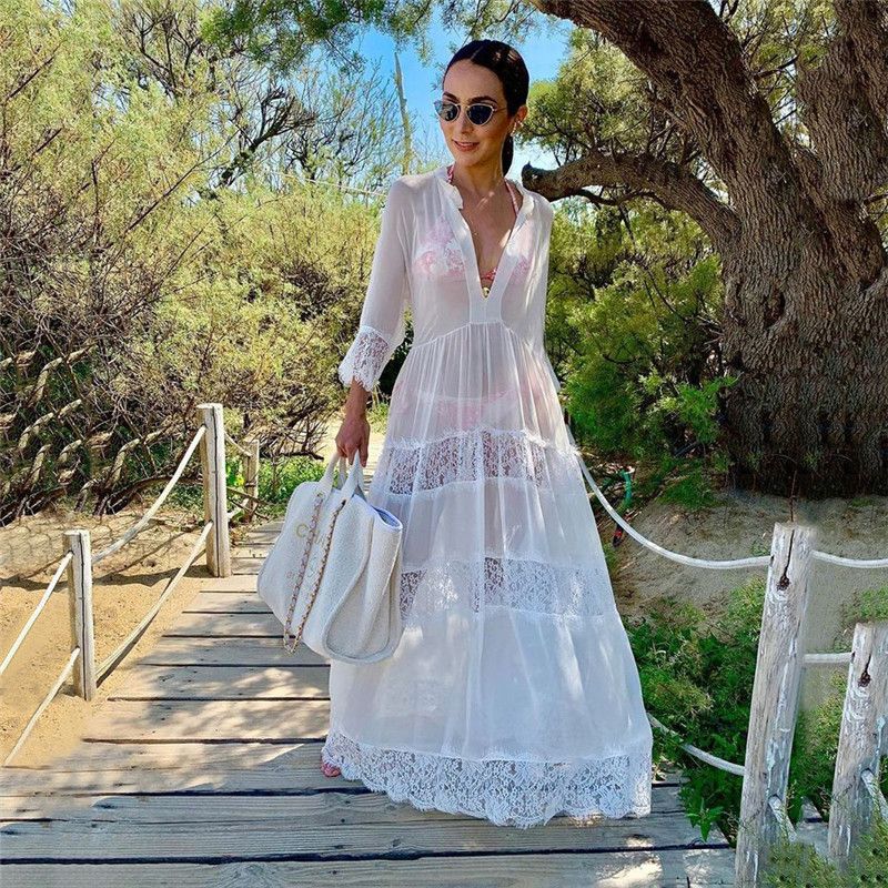 (LXF8435W1)Women Swimsuit Crochet Beach Cover Up Dress Sleeve Kaftan Beach Tunic Long Pareos Bikinis Cover Ups Summer Robe Plage Beachwear SMA