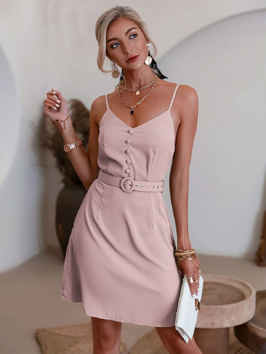 Ladies Button Front Buckle Belted Pocket Side Cami Cooperate Office Dress - Pink