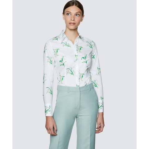 Women's Fitted Floral Print Cotton Stretch Shirt - White & Green