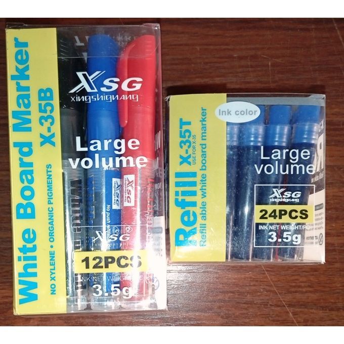 REFILLABLE WHITE BOARD MARKER (12) + REFILL INK (24 PIECES) +  A MAGNETIC DUSTER