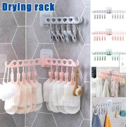 Sticky Rotating Multifunctional Clothes Hanger Home Wall-mounte With 10pcs Clips Grey