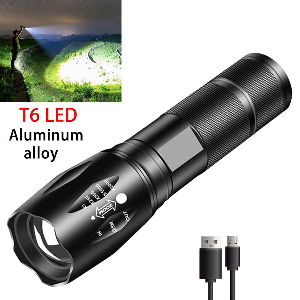 T6 Strong Light LED Aluminum Alloy Telescopic Zoom USB Charging Searchlight Flashlight