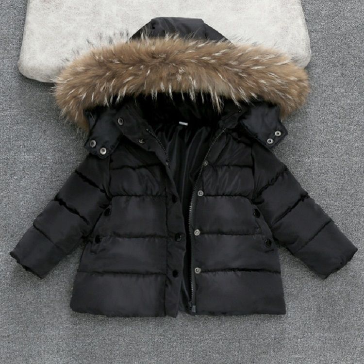 Winter Children Warm Down Jacket Fur Collar Coat With Detachable Hat, Height:80cm(Black)