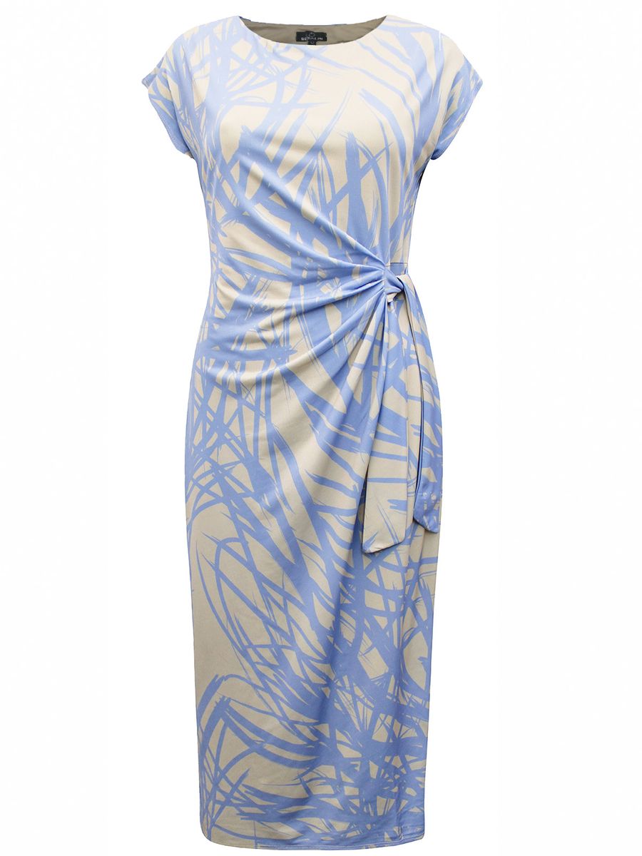 Printed Short Sleeve Side Tie Midi Dress- BLUE MULTICOLOUR
