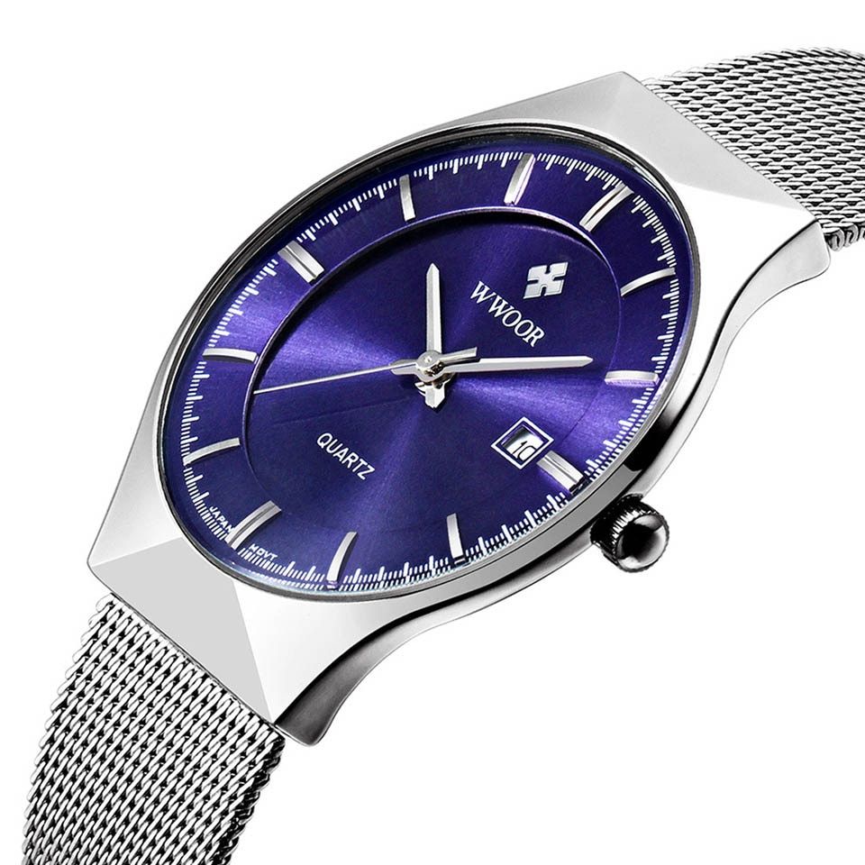 Stainless Steel Watch For Man Quartz Analog Waches Ultra Slim Style Wristwatch JAPAN Movement Watch Male Relogio Masculino(#Blue)