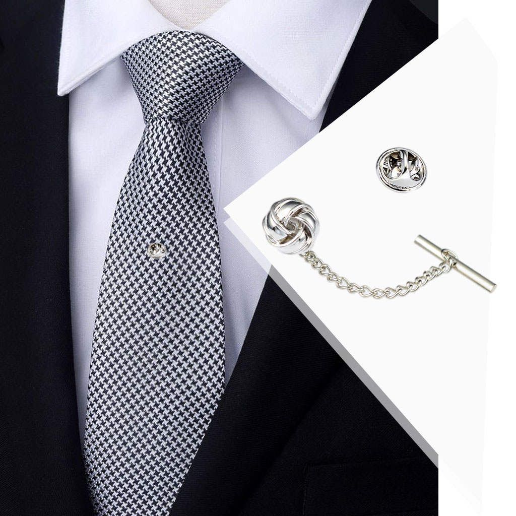Mens Tie Tack Pins Brooch Lapel Pin Collar Pin With Chain Mini Silver