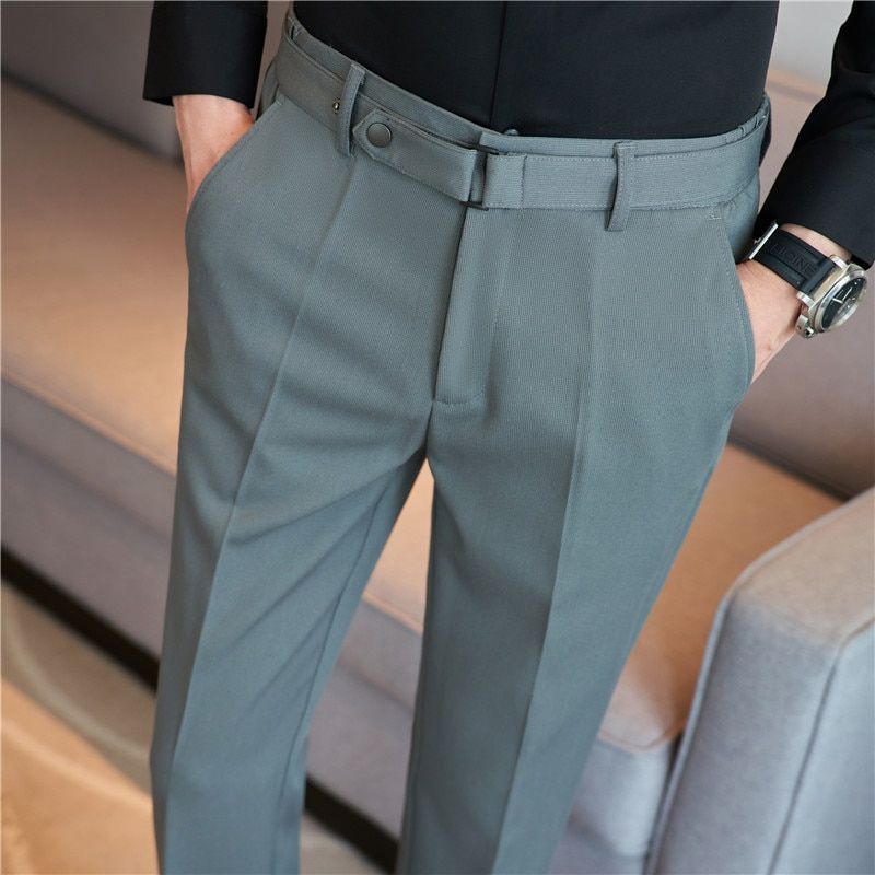 Plus Size 38 36 Fashion Belt Design Pinstripes Men Formal Trousers Simple Slim
