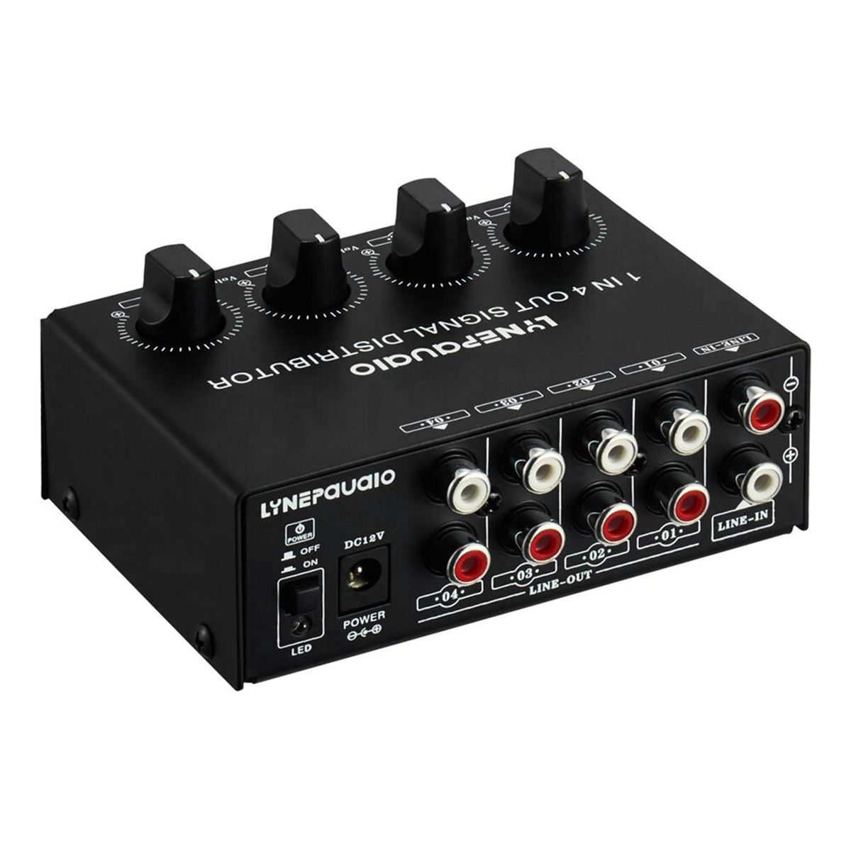 LYNEPAUAIO 1-in-4-out Stereo Audio Amplifier Amp Signal Distributor 1 Channel Input 4 Channels Output RCA Interface Independent Volume Adjustment for Home Speakers
