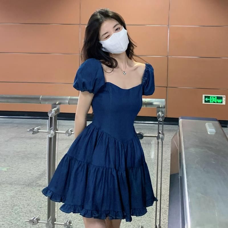 Square Collar Denim Dress for Women Spring Korean Style 2022 New Arrival Salty Sweet Waist Slimming Puff Short Sleeve Skirt