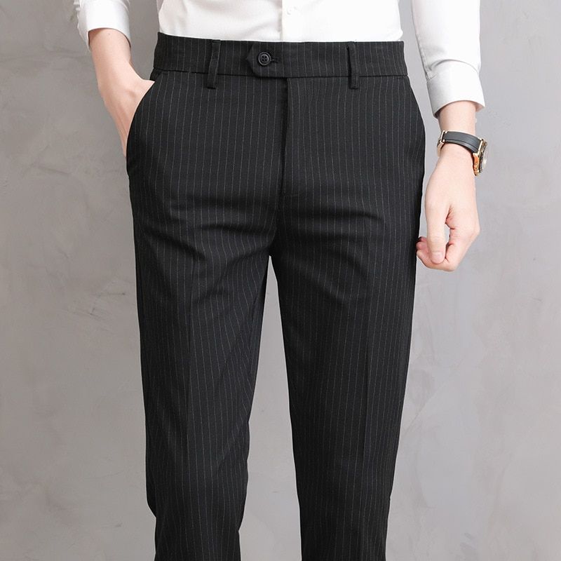 Pleated Thin Mens Suit Pants Black  Slim  Dress Pants Men Trousers Office