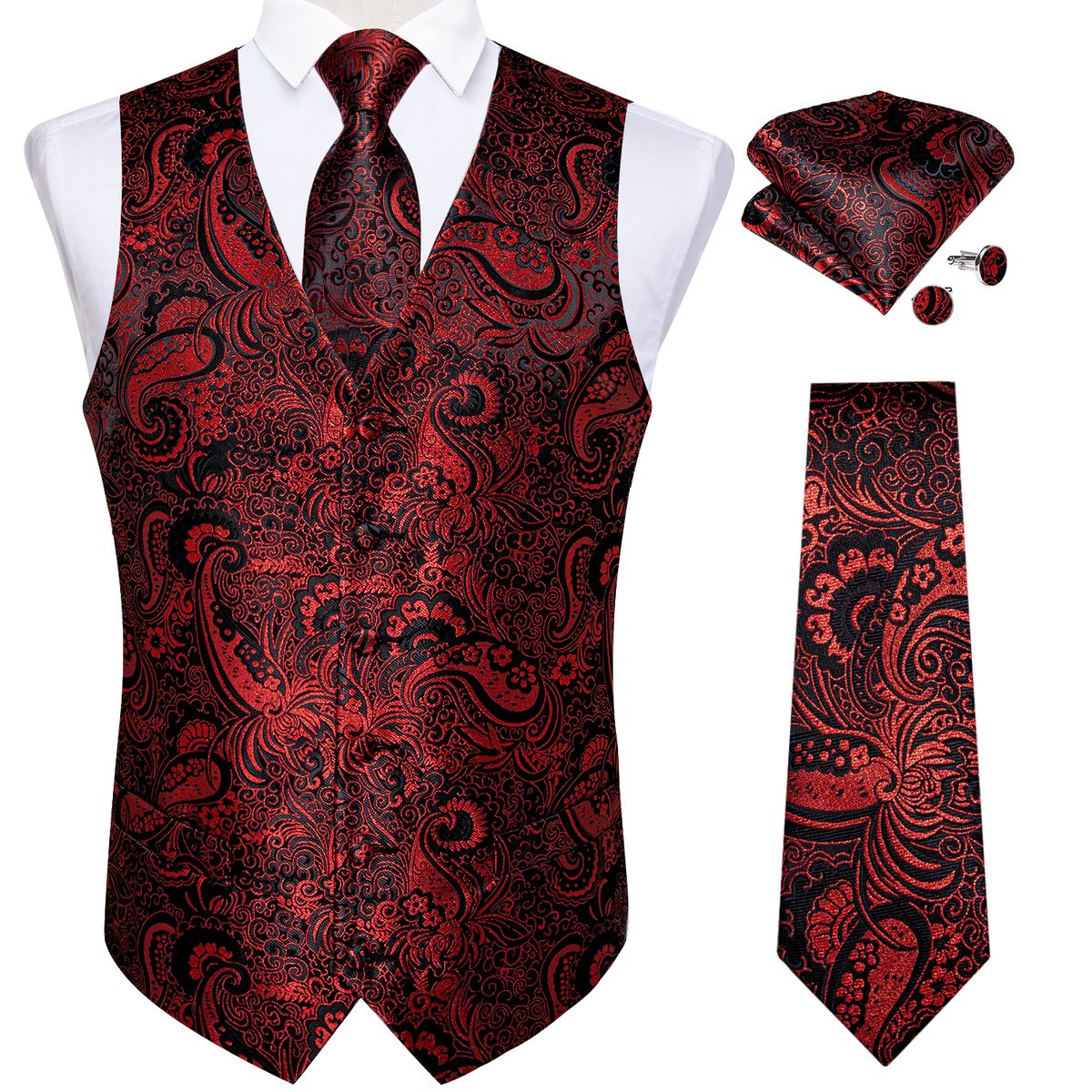 (MJ-0127)New Men's Silk Vests Formal Dress Suit Vest Tie Set For Wedding Male Satin Burgundy Red Waistcoat Sleeveless Jacket Casual Top WAR