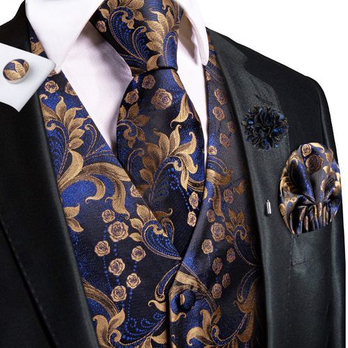 (MJ-3006-0079)Hi-Tie Orange Brown Gold Blue Red Silk Men's Vests Jacquard Waistcoat Tie Hanky Cuff Buttons Brooch Set For Men Wedding Office ACU