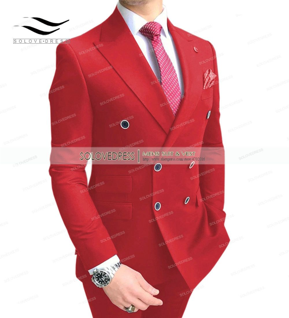 Only 1 Pcs Jacket !!  Navy Men's Double Breasted B Regular Fit Notch-Red