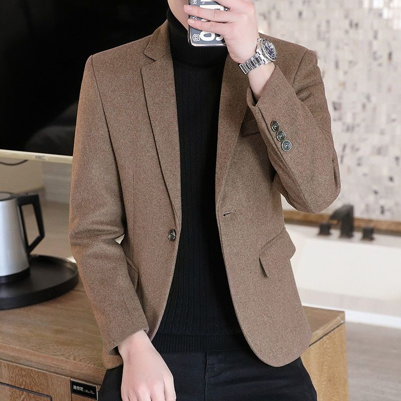 High Quality Men's Suit Coat Single On Business Casual Wool Blended-Brown