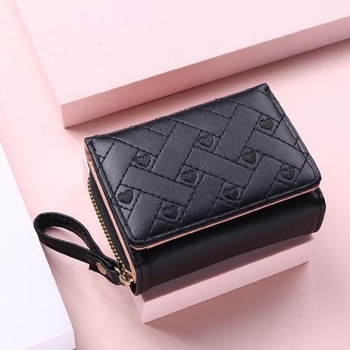 Women's Short Wallet,Small Heart PU Leather Wallet Credit Card Purse（Black）