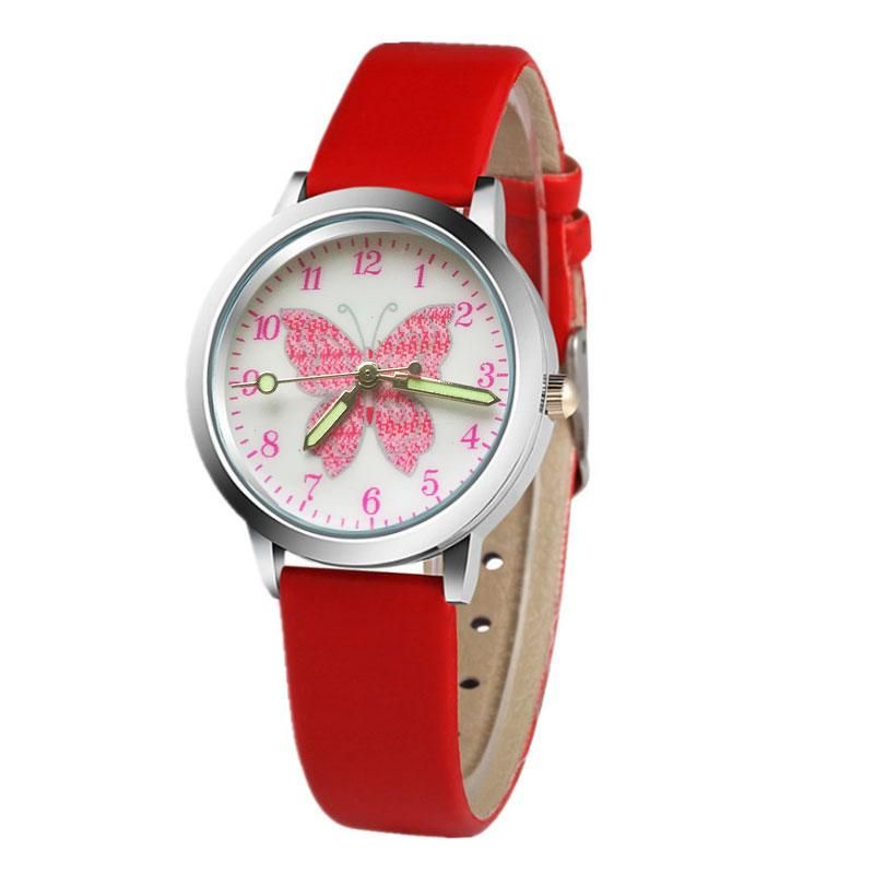 Cute pink butterfly cartoon children's watch, leather watch sports quartz with luminous hands, birthday gift for boys and girls red