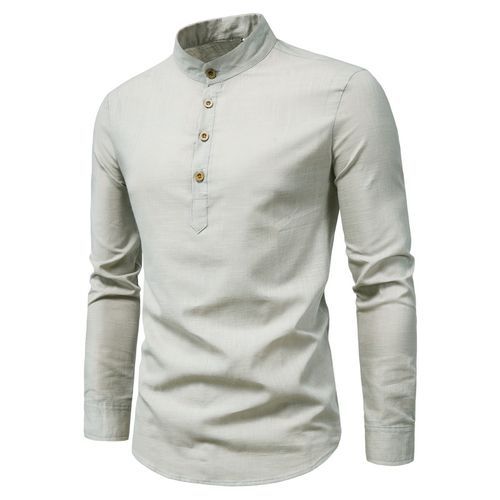 Men's Breathable Cotton Long Sleeve Henleys Plain Stand Collar Slim Shirt -Grey