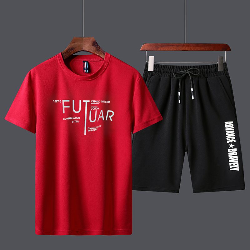 Men's 2 In 1 Short Sleeve T-Shirt & Shorts Set- Red