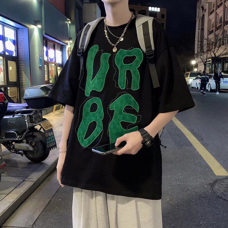 Cotton Shirts Men's Summer Shirts Short Sleeved Printed Shirts Young Men T-shirt Black