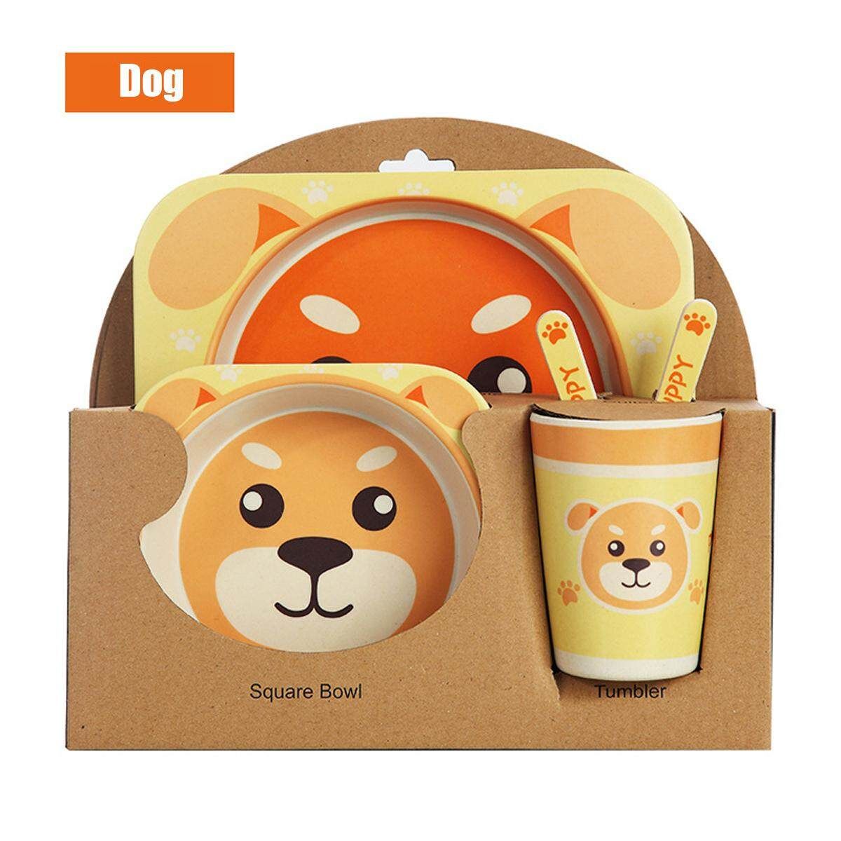 5 Set Bamboo Fiber Baby Plate Bowl Cup Forks Spoon Kids Food Feeding Tableware Golden Dog
