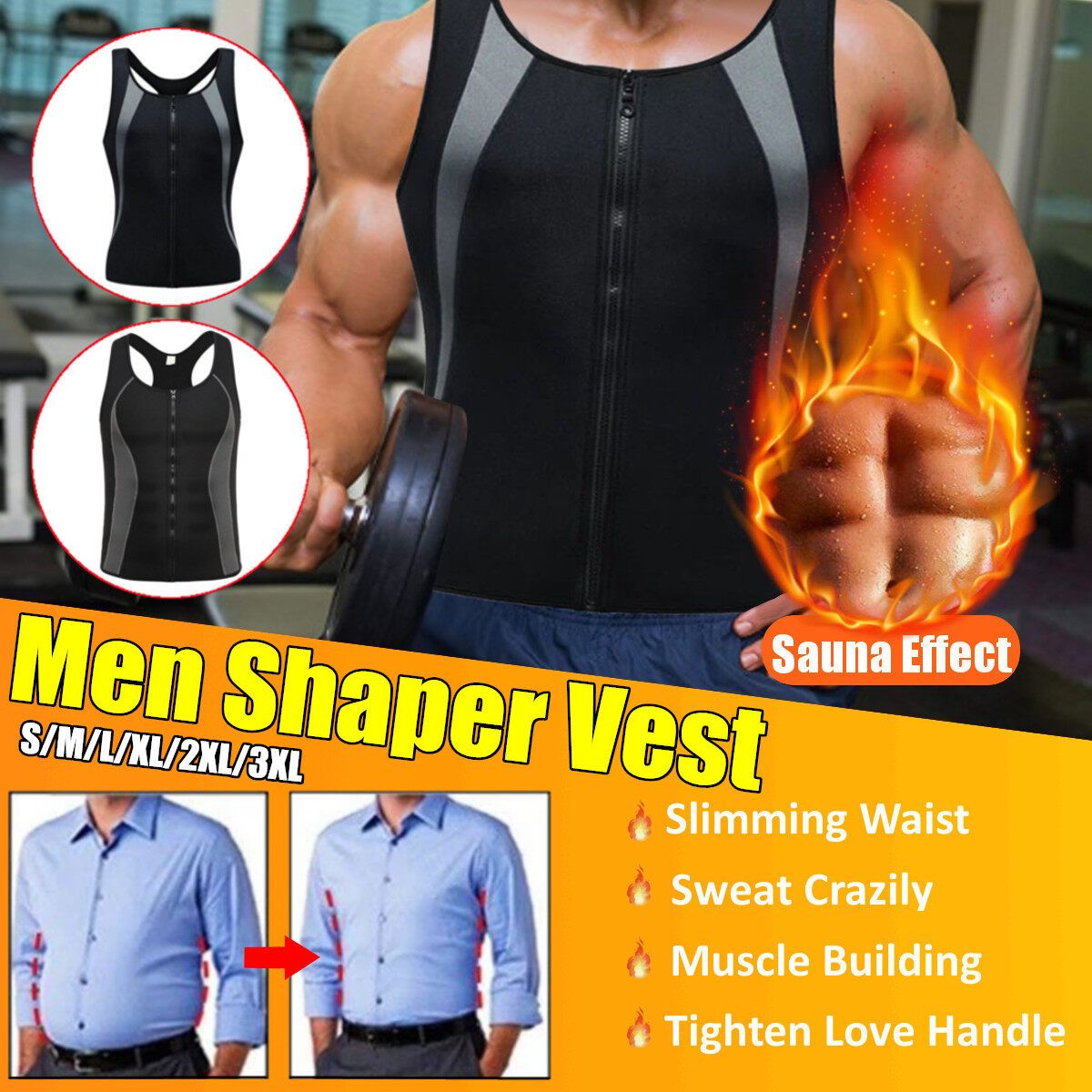 Men's Sweat Waist Trainer Zipper Weight Loss Neoprene Body Shaper Slimming Int:3XL