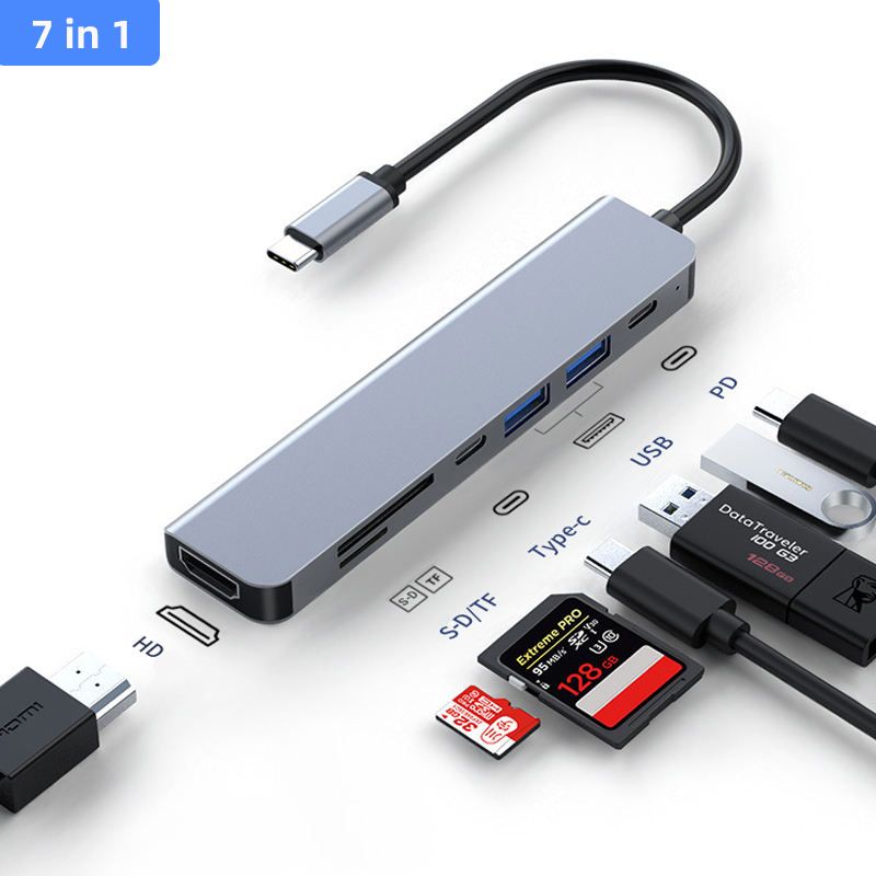 7 In 1 USB C Hub Multiport Adapter Laptop Docking Station With 4K HDMI,USB 3.0 TF/SD Card Reader