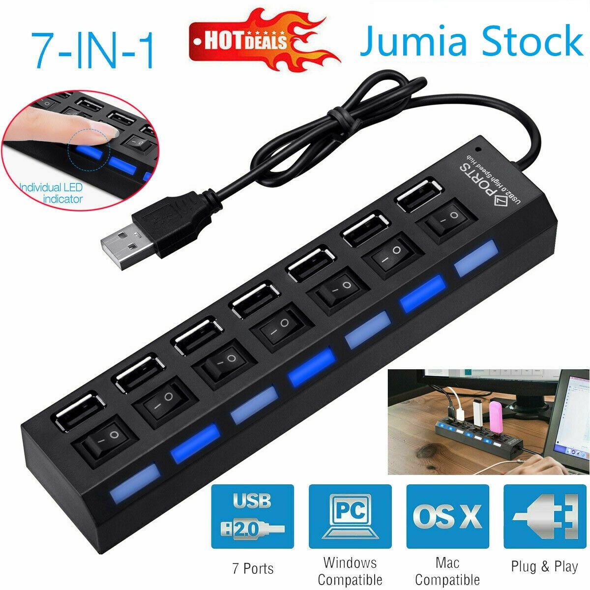 7 Port USB 2.0 High Speed Power Splitter Switch ON/OFF