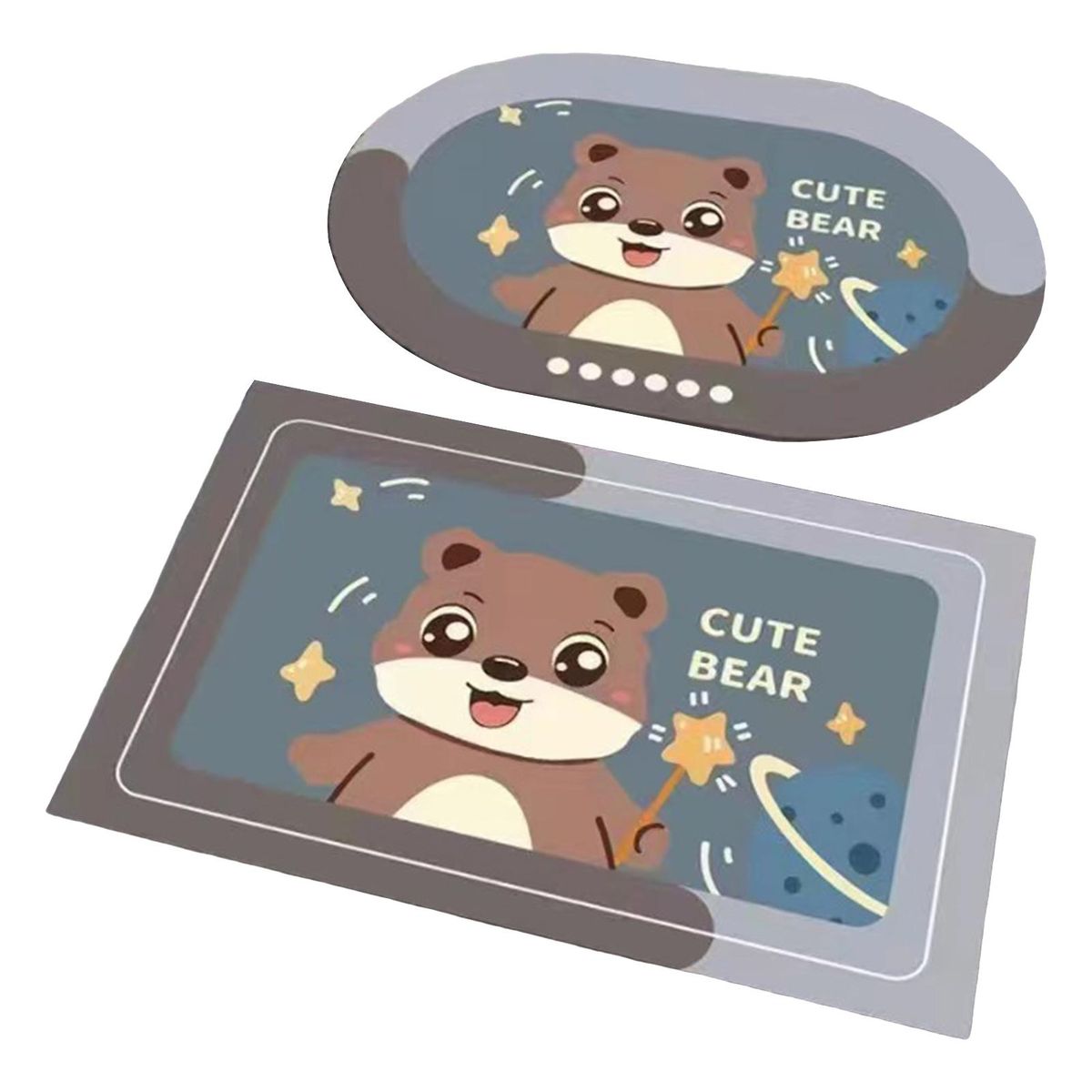 2Pcs Bathroom Rug Cartoon Bear Printing Anti-slip Floor Doormat Decoration Brown