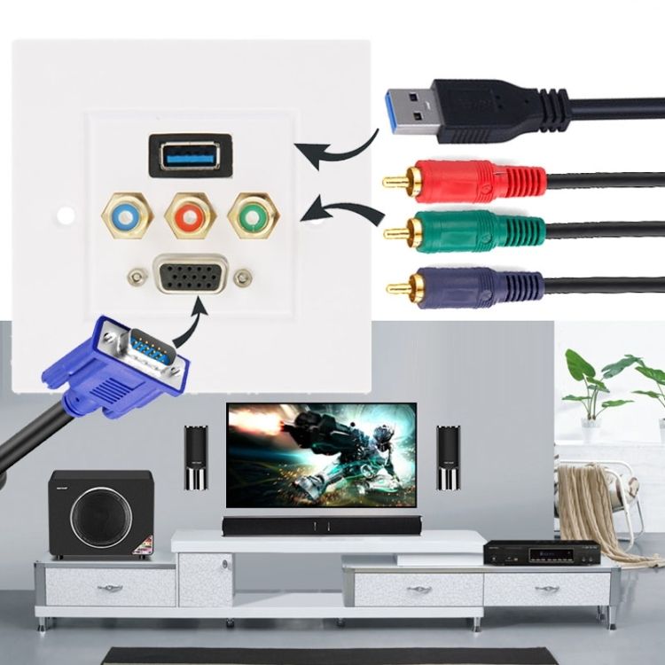USB 3.0 Female 3 RCA Female VGA Wall Plate Panel