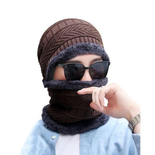 2 Pcs/Set Men Hat Knitted Face-protective Extra Warm-Coffee