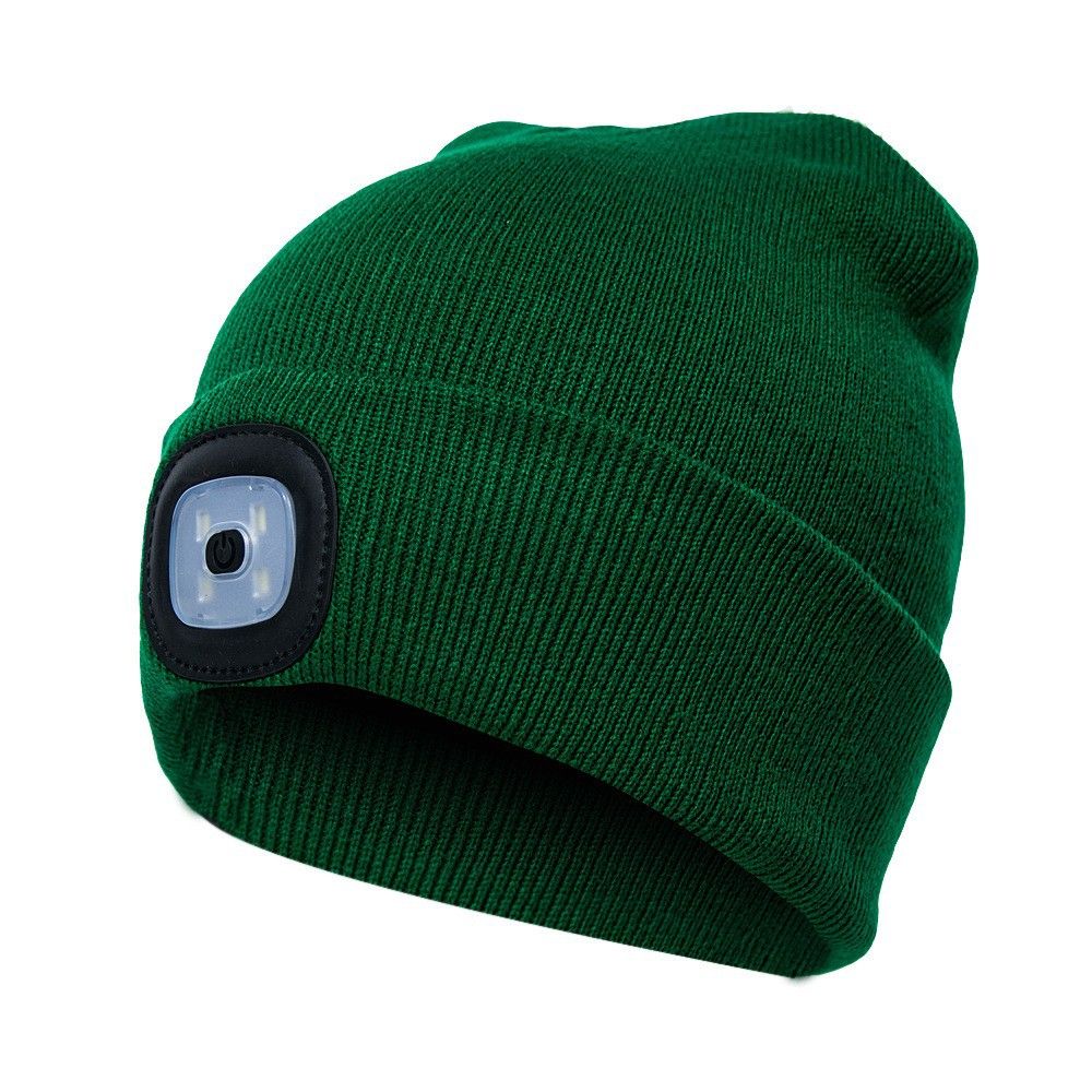 (Dark Green)Winter Warm Cold Protection Knitted Hat Led Headlamp Cap Night Hiking Fishing Glow XXA