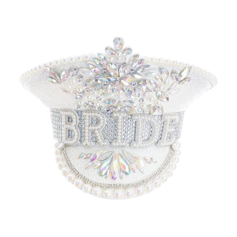 Glittering Diamonds Bride Hat Wedding Props White Sequins and Encrusted Pearls for Wedding Engagement Bachelorette Party