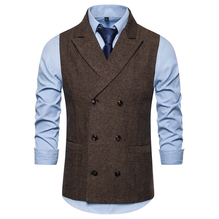 (9738-Coffee)Mens Double Breasted Brown Suit Vest 2019 Brand Casual Solid Color Business Sleeveless Waistcoat Gentlemen Chalecos Para Hombre DOU
