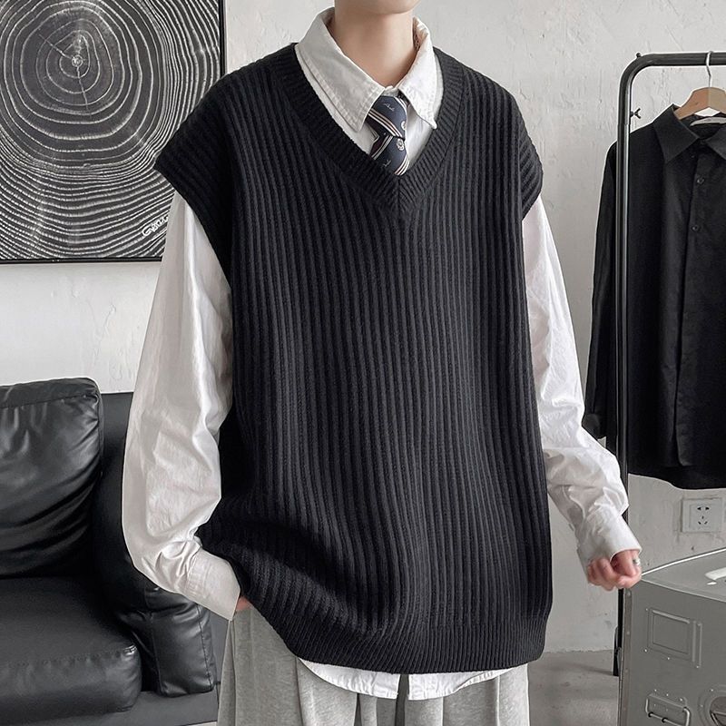 5XL Men Students Middle School Sweater Vest Gray/ Black Knit Vest For-Black Vest
