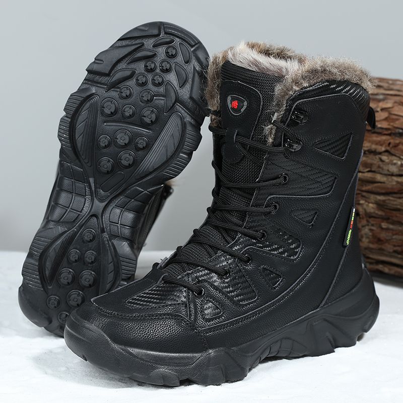 Winter Men's Boots Large Size Plush Warm Snow Boots Outdoor Fashionable Combat Boots Army Boots Classic Black Platform Men Shoes-Black