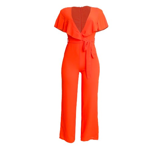 Cape Chiffon Flare Leg Jumpsuit - Red