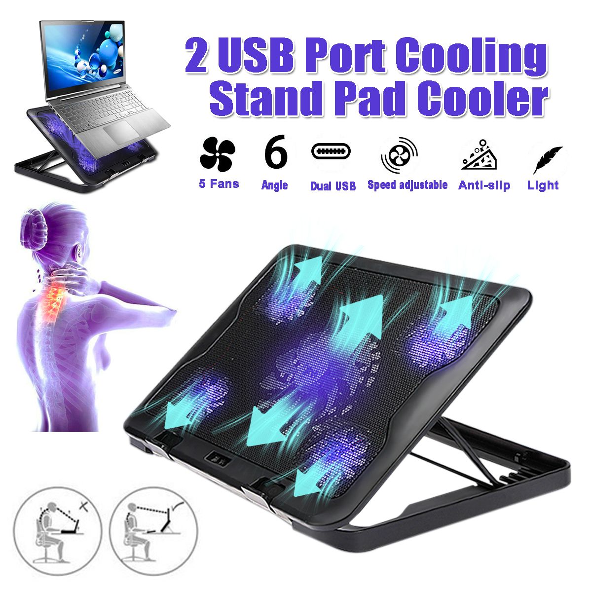 S Skyee Lapcooler 2 Usb Ports And 5 Cooling Fans Led Usb