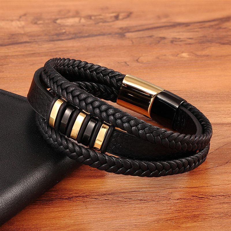 Men's Classic 3-Layer Weave Bracelet - Vintage Style, Black And Gold