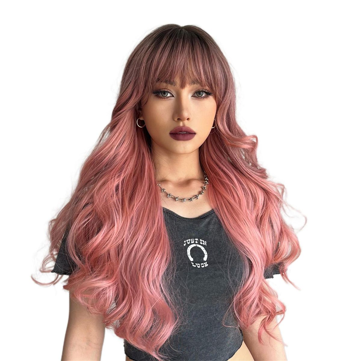 Synthetic Wig Pink Curly Wavy Wig Long Hairpiece
